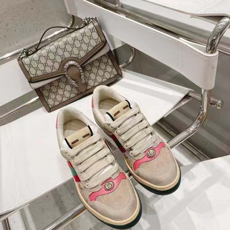 Gucci Unisex Screener Leather Sneaker GG Canvas Green Orange Web 3cm Heel
