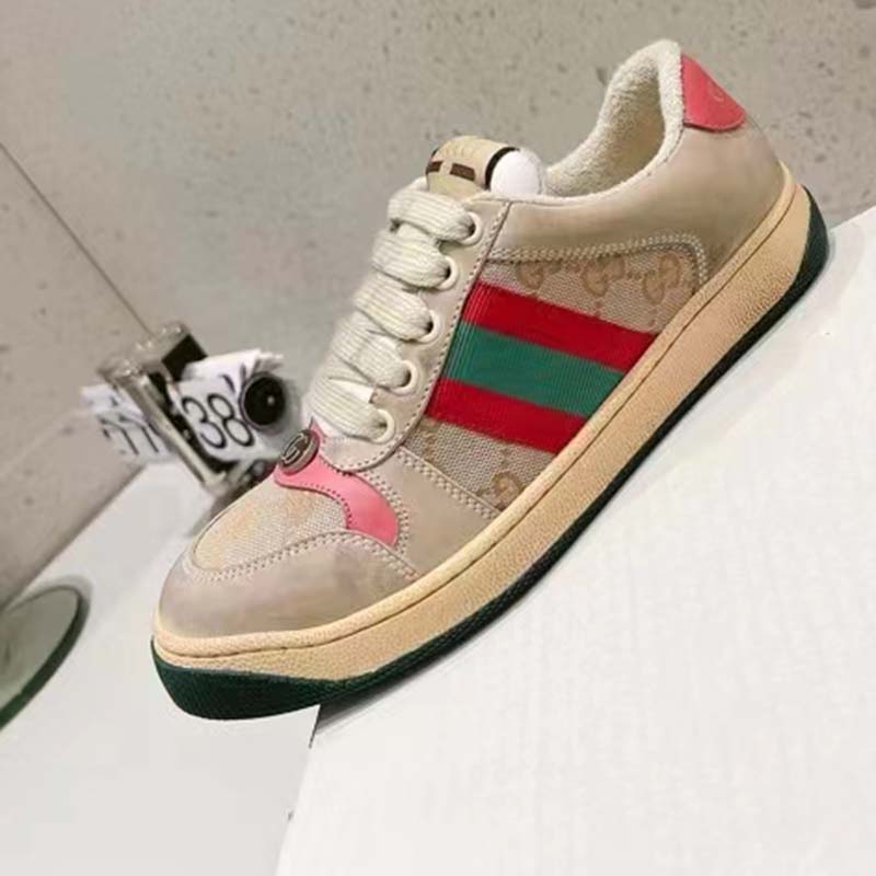 Gucci Unisex Screener Leather Sneaker GG Canvas Green Orange Web 3cm Heel