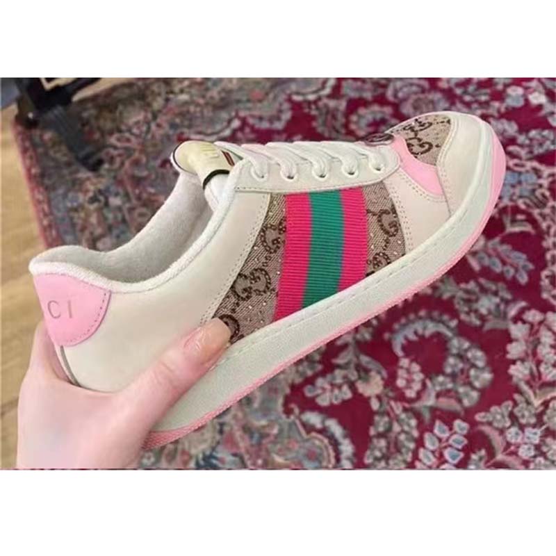 Gucci Unisex Screener Sneaker Crystals Beige Ebony GG Canvas 3.6 cm Heel