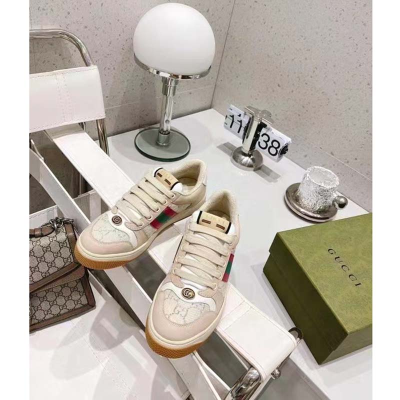 Gucci Unisex Screener Sneaker Pink Green Web Cream Scrap Less Leather