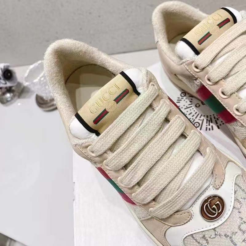 Gucci Unisex Screener Sneaker Pink Green Web Cream Scrap Less Leather