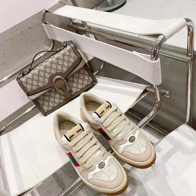 Gucci Unisex Screener Sneaker Pink Green Web Cream Scrap Less Leather