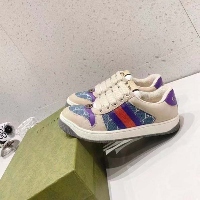 Gucci Unisex Screener Sneaker Purple Red Web Cream Scrap Less Leather