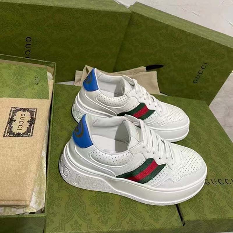 Gucci Unisex Sneaker Web White Leather Green Red Web Lace Up Flat