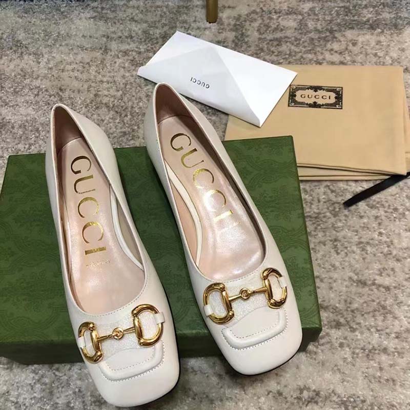 Gucci Women Ballet Flat Horsebit White Leather Low 2.5 cm Heel
