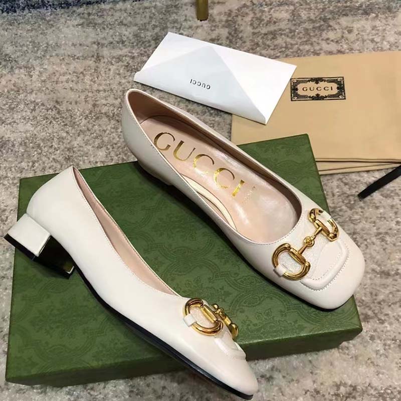 Gucci Women Ballet Flat Horsebit White Leather Low 2.5 cm Heel