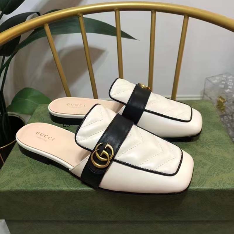 Gucci Unisex Women Slipper Double G White Leather Matelassé Chevron Flat