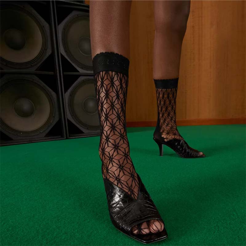 Gucci Women GG Crocodile Print Pump Black Square Toe Mid Heel