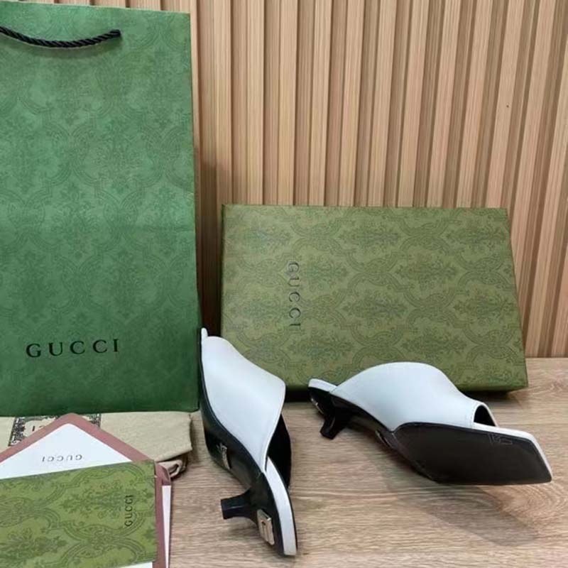 Gucci Women GG Low Heel Sandal White Leather Square Toe