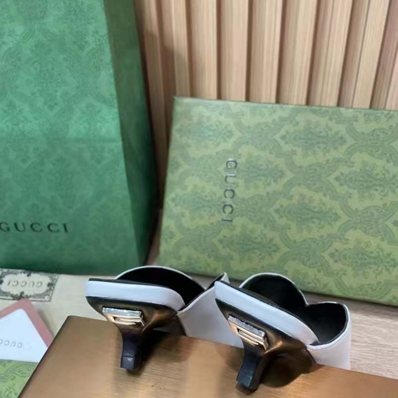Gucci Women GG Low Heel Sandal White Leather Square Toe