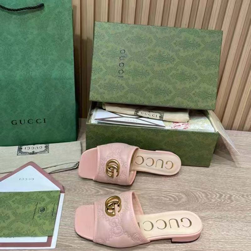 Gucci Women GG Matelassé Slide Sandal Beige Double G Square Toe Flat