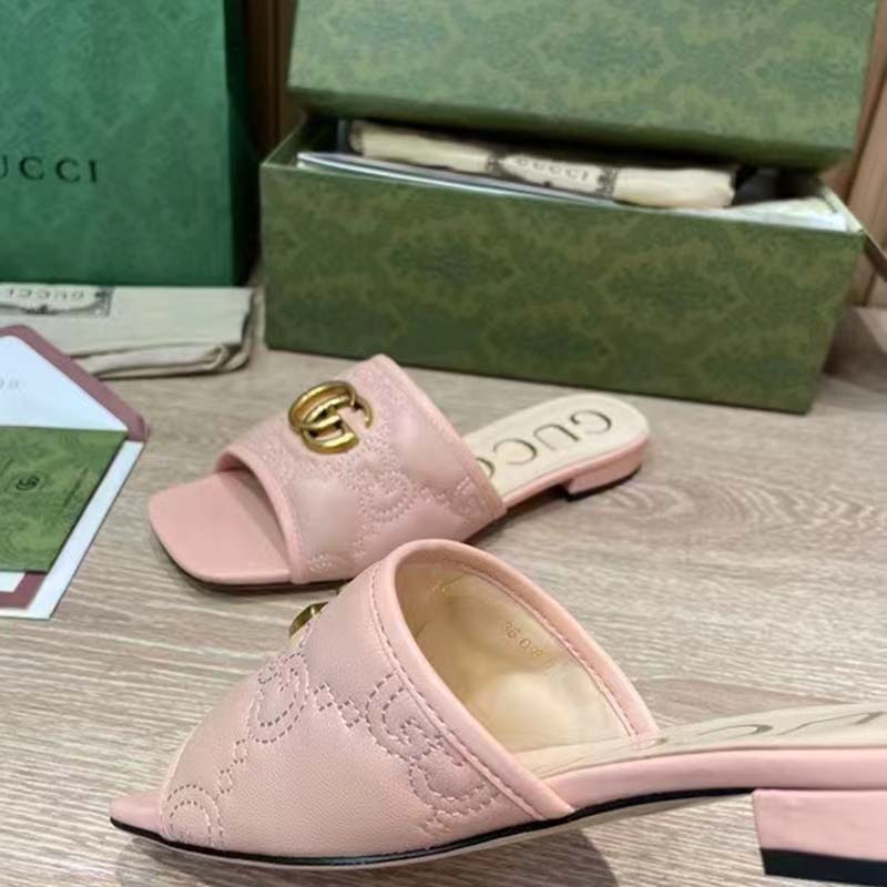 Gucci Women GG Matelassé Slide Sandal Beige Double G Square Toe Flat