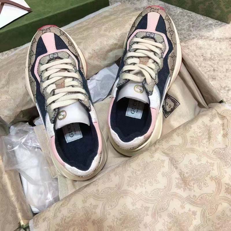 Gucci Women GG Rhyton Sneaker Beige Ebony Blue Supreme Canvas Low 4 cm Heel