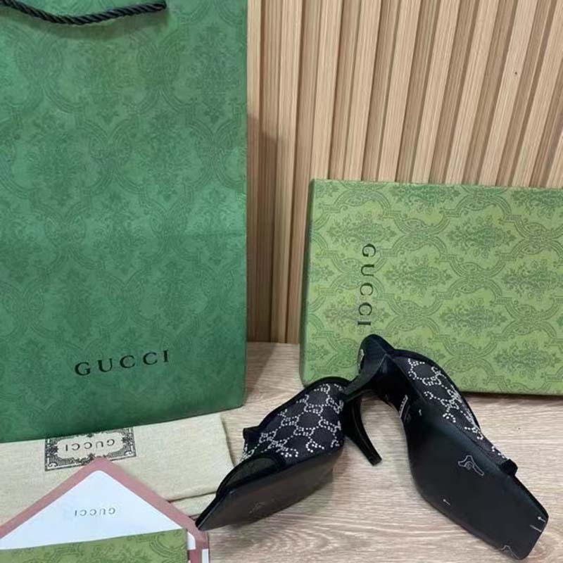 Gucci Women GG Sandal Black Mesh GG Crystals Square Toe Mid-Heel