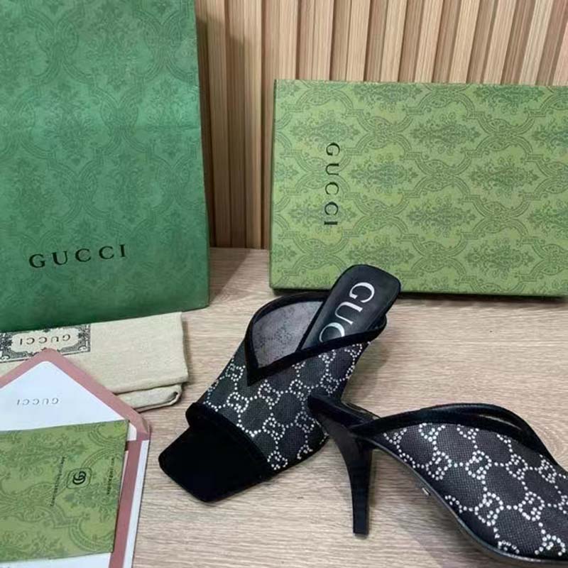 Gucci Women GG Sandal Black Mesh GG Crystals Square Toe Mid-Heel