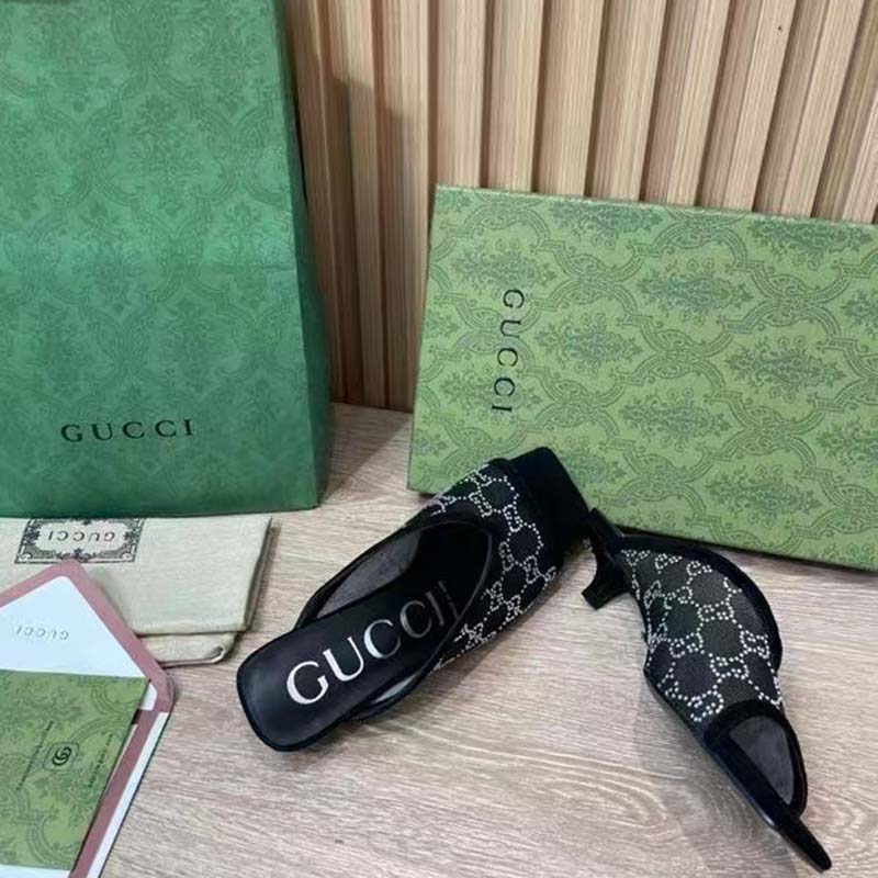 Gucci Women GG Sandal Pump Black Mesh GG Crystals Mid 8 cm Heel