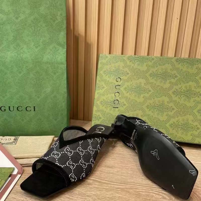 Gucci Women GG Sandal Pump Black Mesh GG Crystals Mid 8 cm Heel