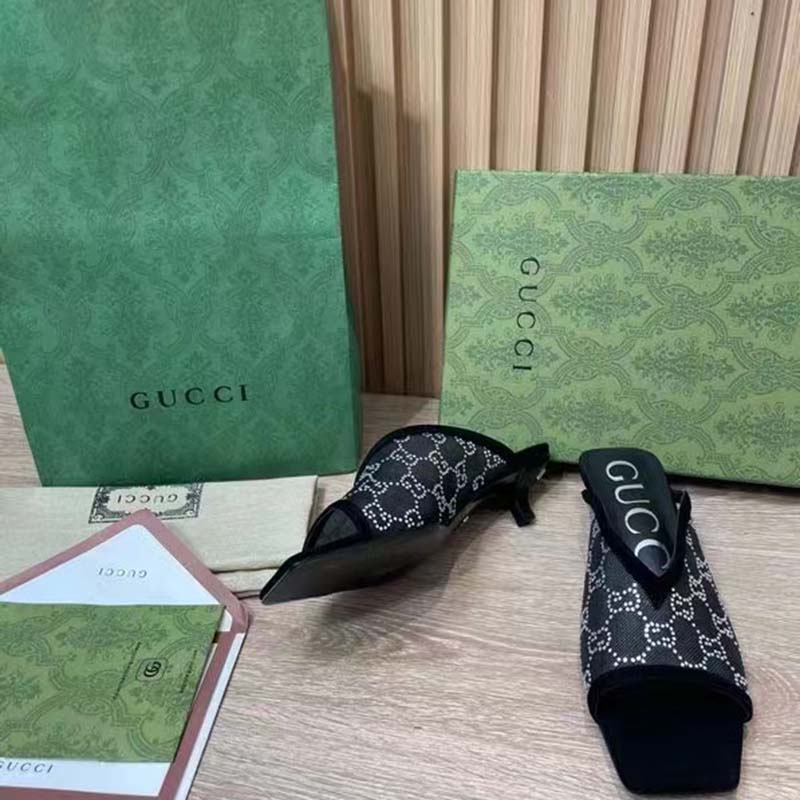Gucci Women GG Sandal Pump Black Mesh GG Crystals Mid 8 cm Heel