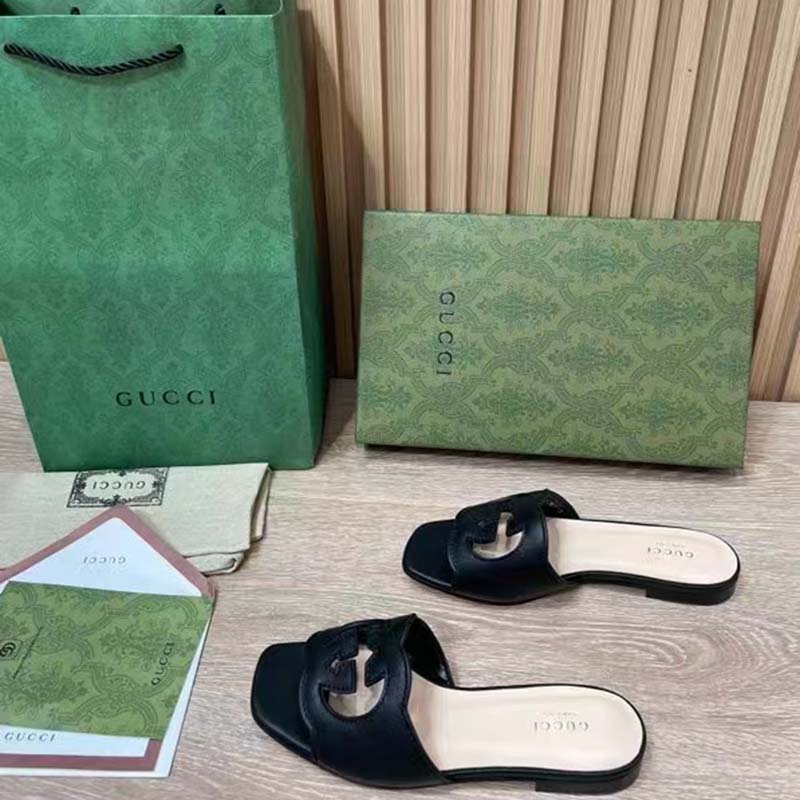 Gucci Women Interlocking G Cut Out Slide Sandal Black Leather Flat