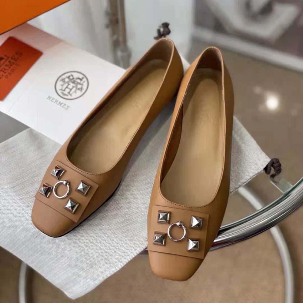 Hermes Women Danseuse Ballet Flat in Calfskin Leather-Brown