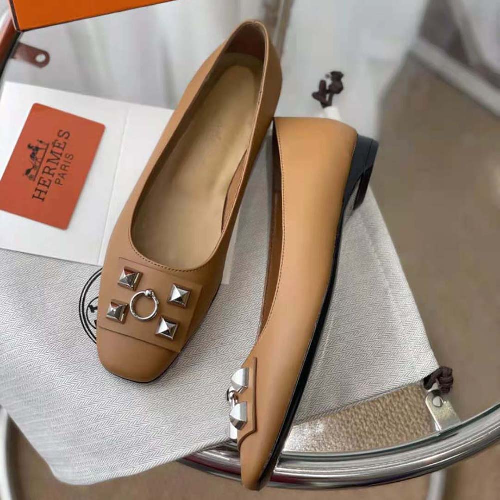 Hermes Women Danseuse Ballet Flat in Calfskin Leather-Brown