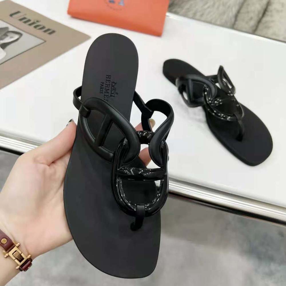 Hermes Women Egerie Sandal in Waterproof TPU with Chaine D Ancre Motif-Black
