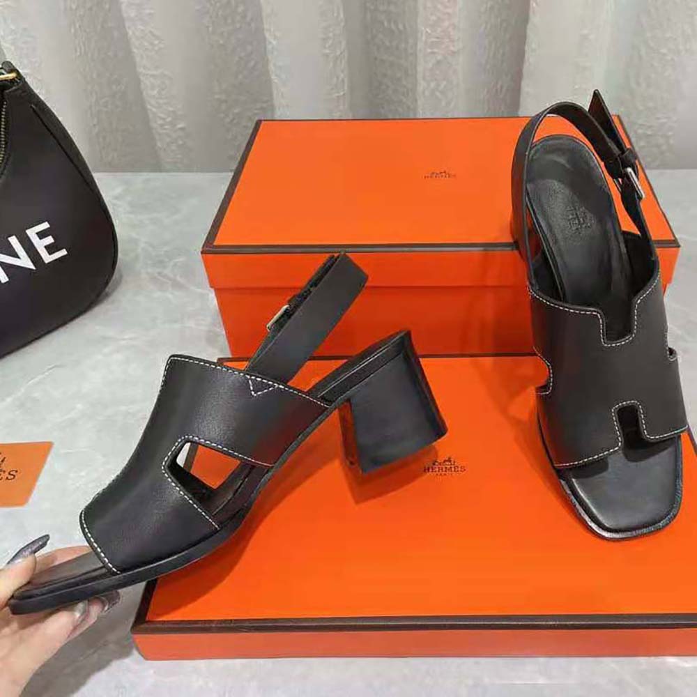 Hermes Women Elbe 60 Sandal in Calfskin Leather-Black