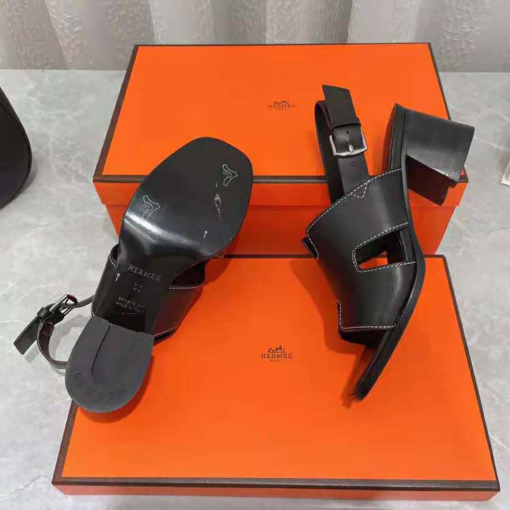 Hermes Women Elbe 60 Sandal in Calfskin Leather-Black