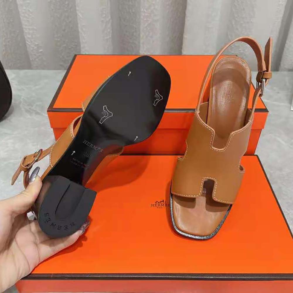 Hermes Women Elbe 60 Sandal in Calfskin with H Cut-Out Detail-Brown