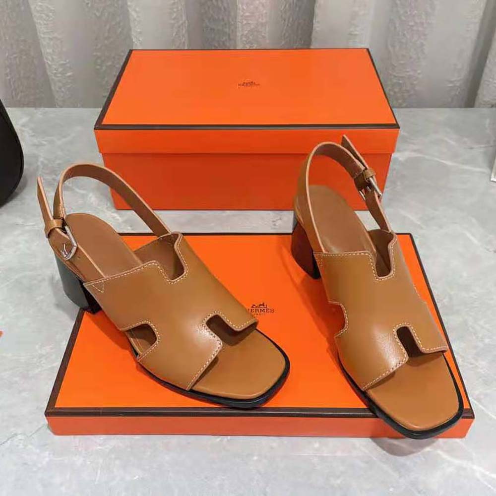 Hermes Women Elbe 60 Sandal in Calfskin with H Cut-Out Detail-Brown
