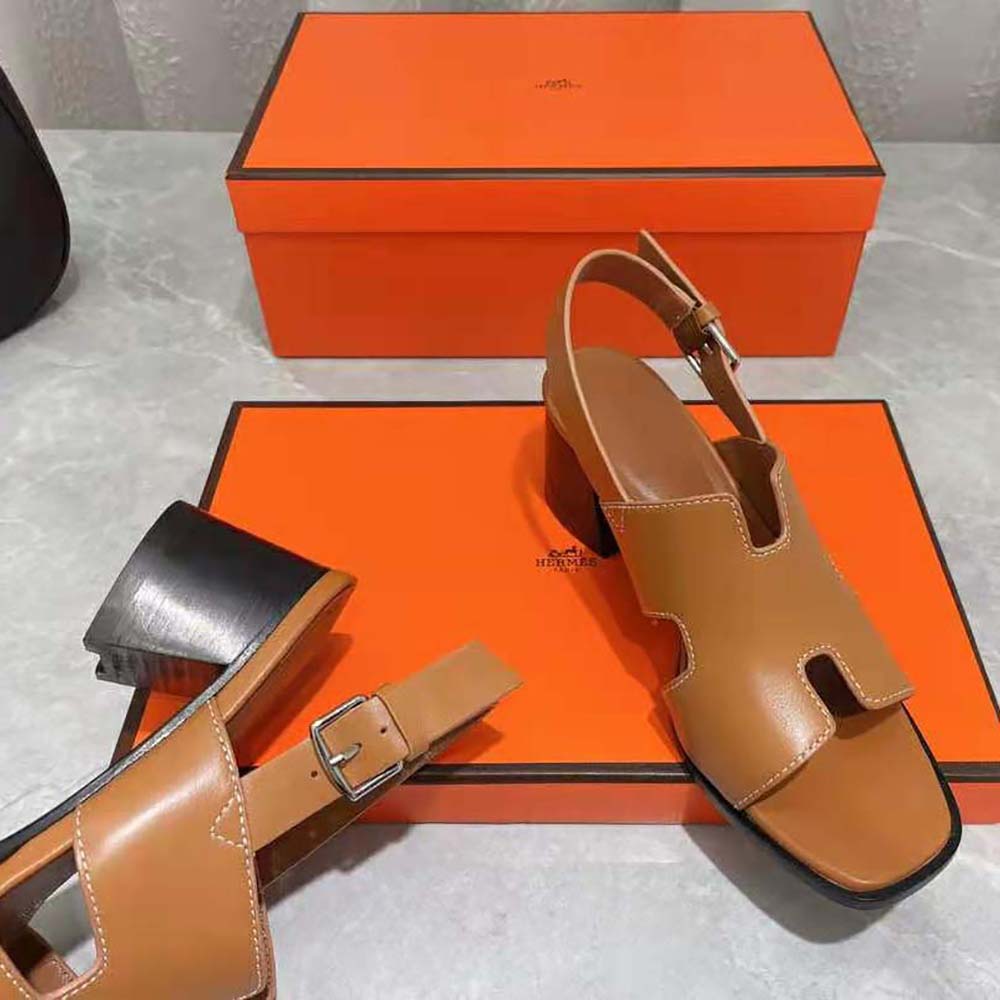 Hermes Women Elbe 60 Sandal in Calfskin with H Cut-Out Detail-Brown