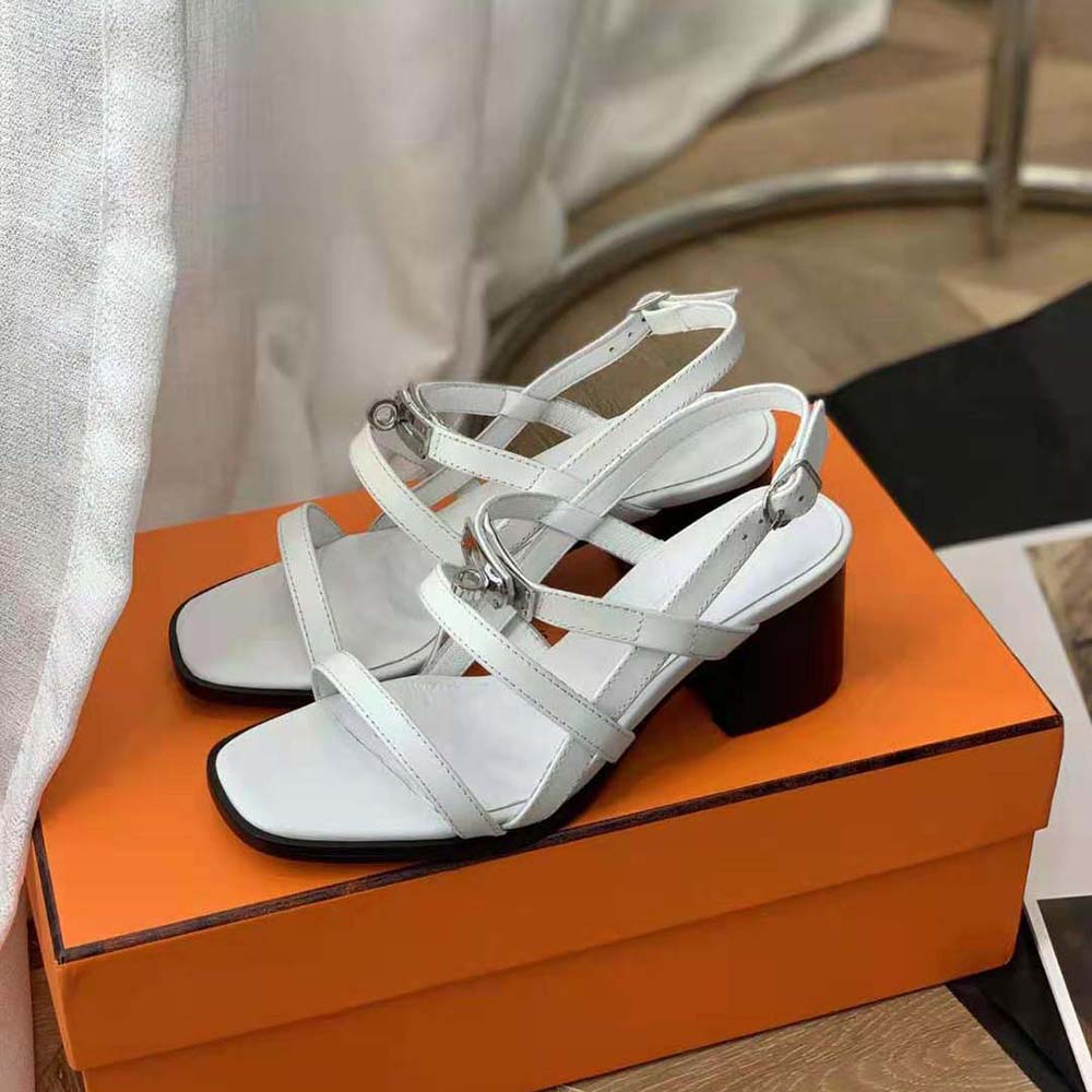 Hermes Women Eve 60 Sandal in Calfskin Leather-White