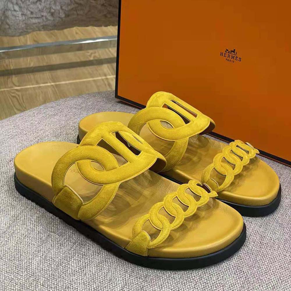 Hermes Women Extra Sandal in Suede Goatskin-Yellow