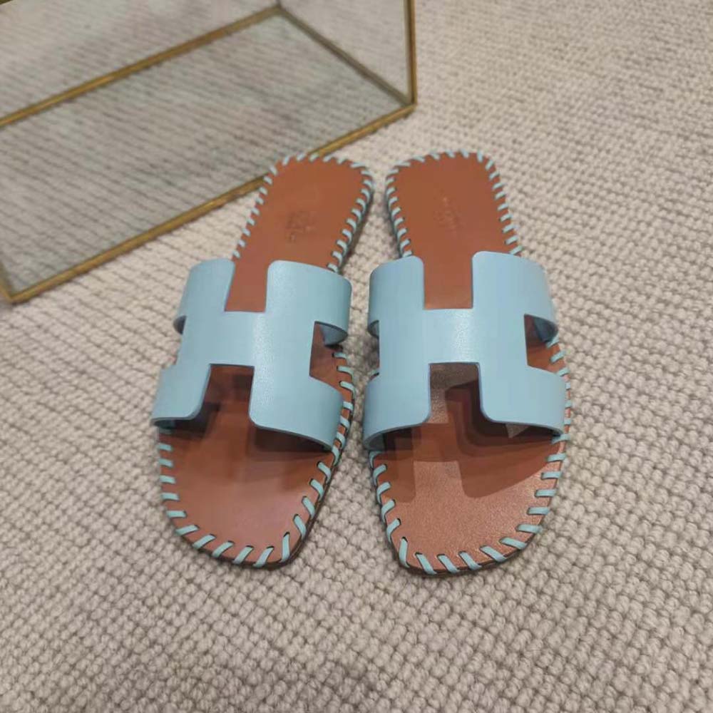 Hermes Women Oran Sandal in Braided Calfskin with Iconic H Cut-Out-Blue