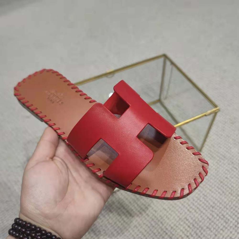 Hermes Women Oran Sandal in Braided Calfskin with Iconic H Cut-Out-Red