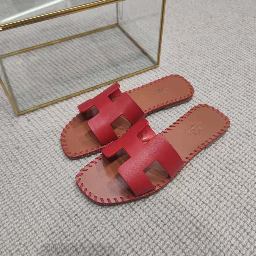 Hermes Women Oran Sandal in Braided Calfskin with Iconic H Cut-Out-Red