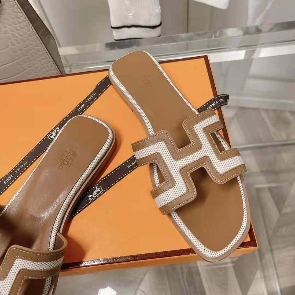 Hermes Women Oran Sandal in Calfskin and H Canvas with Iconic H Cut-Out-Brown