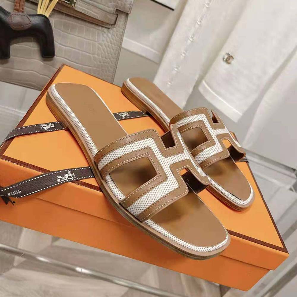 Hermes Women Oran Sandal in Calfskin and H Canvas with Iconic H Cut-Out-Brown