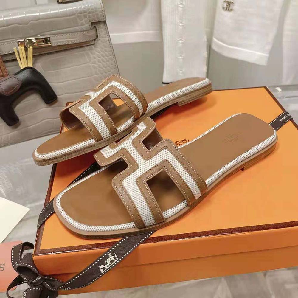 Hermes Women Oran Sandal in Calfskin and H Canvas with Iconic H Cut-Out-Brown