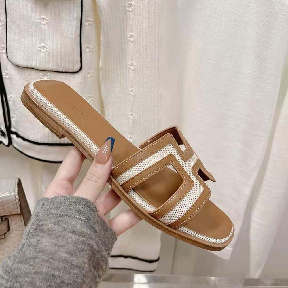 Hermes Women Oran Sandal in Calfskin and H Canvas with Iconic H Cut-Out-Brown