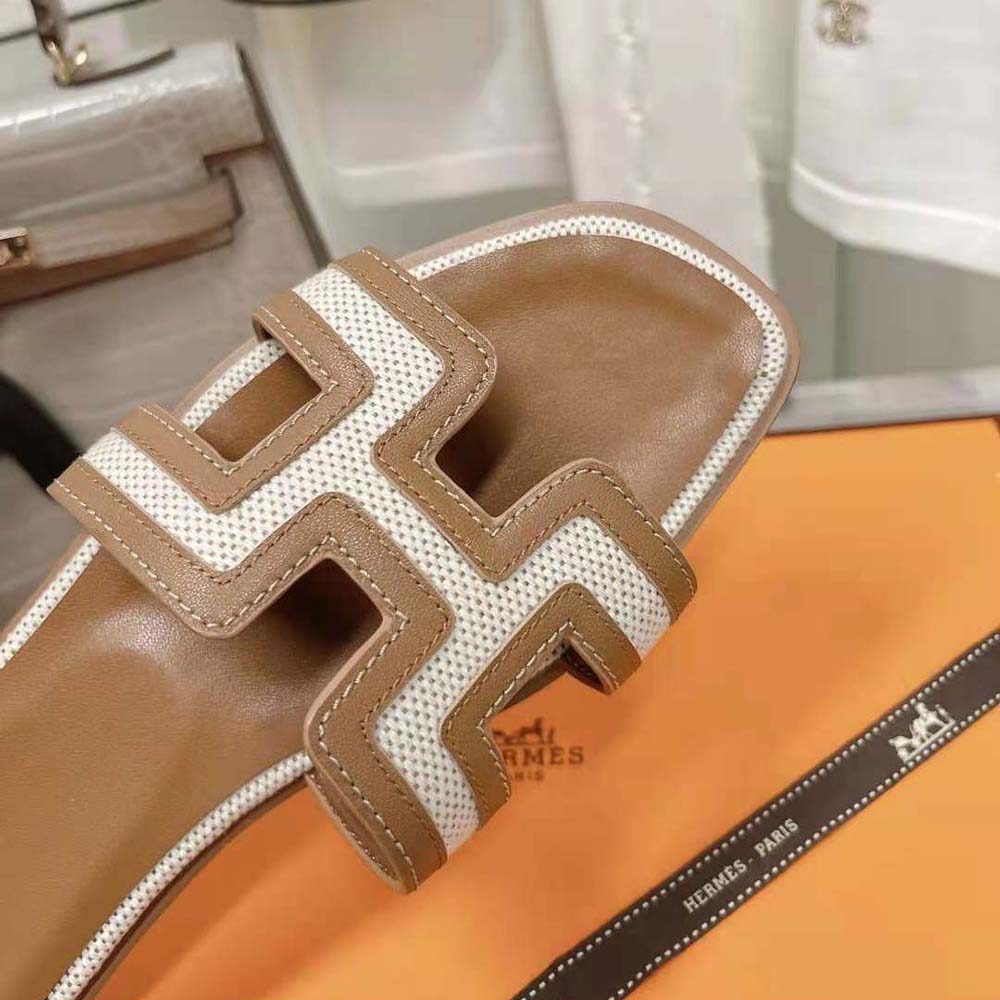 Hermes Women Oran Sandal in Calfskin and H Canvas with Iconic H Cut-Out-Brown