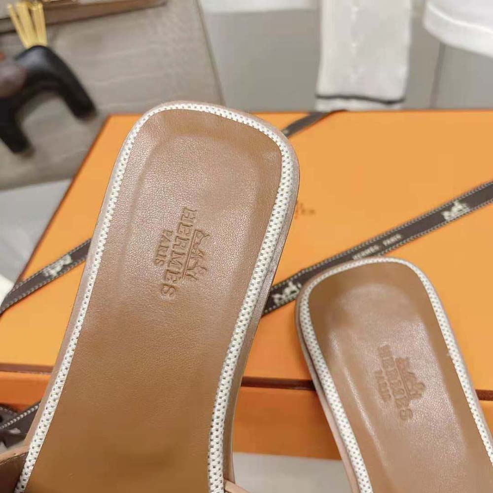 Hermes Women Oran Sandal in Calfskin and H Canvas with Iconic H Cut-Out-Brown