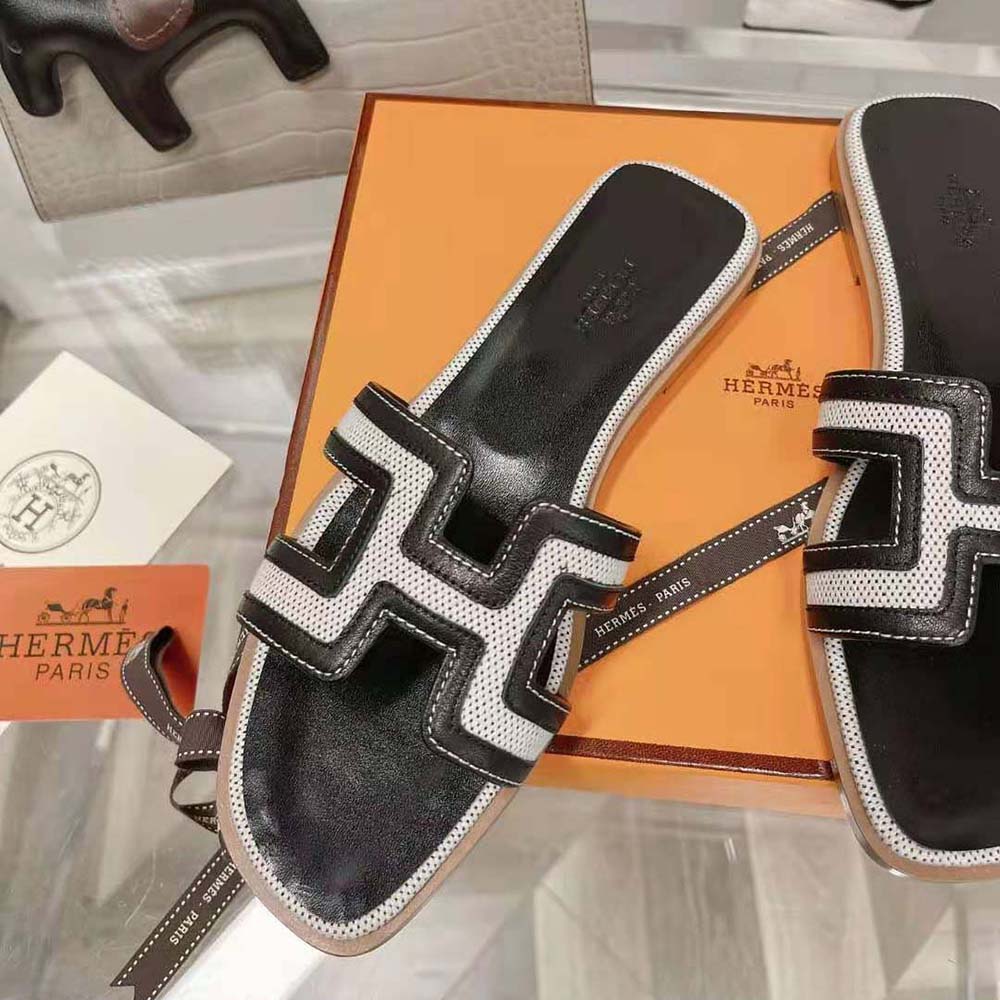 Hermes Women Oran Sandal in Calfskin and H Canvas with Iconic H Cut-Out-Black