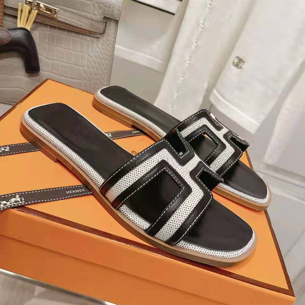 Hermes Women Oran Sandal in Calfskin and H Canvas with Iconic H Cut-Out-Black