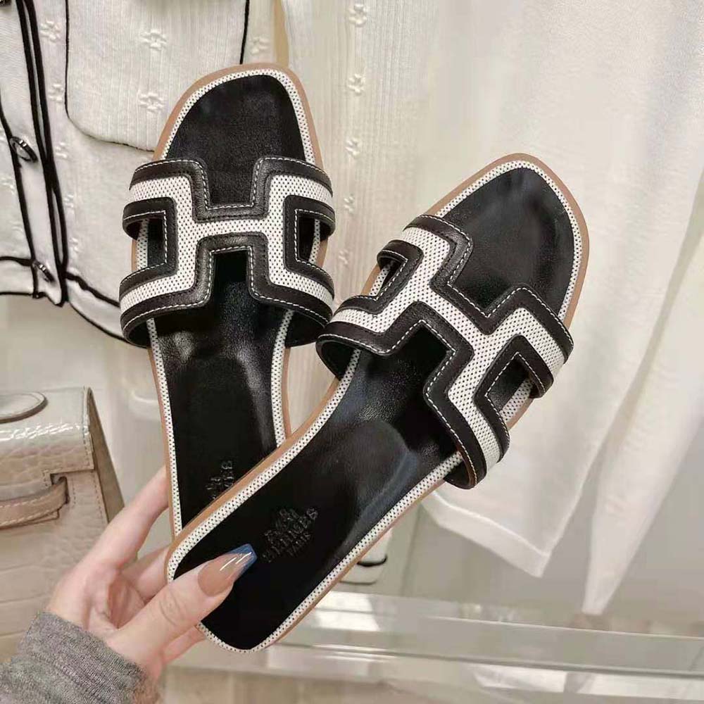 Hermes Women Oran Sandal in Calfskin and H Canvas with Iconic H Cut-Out-Black