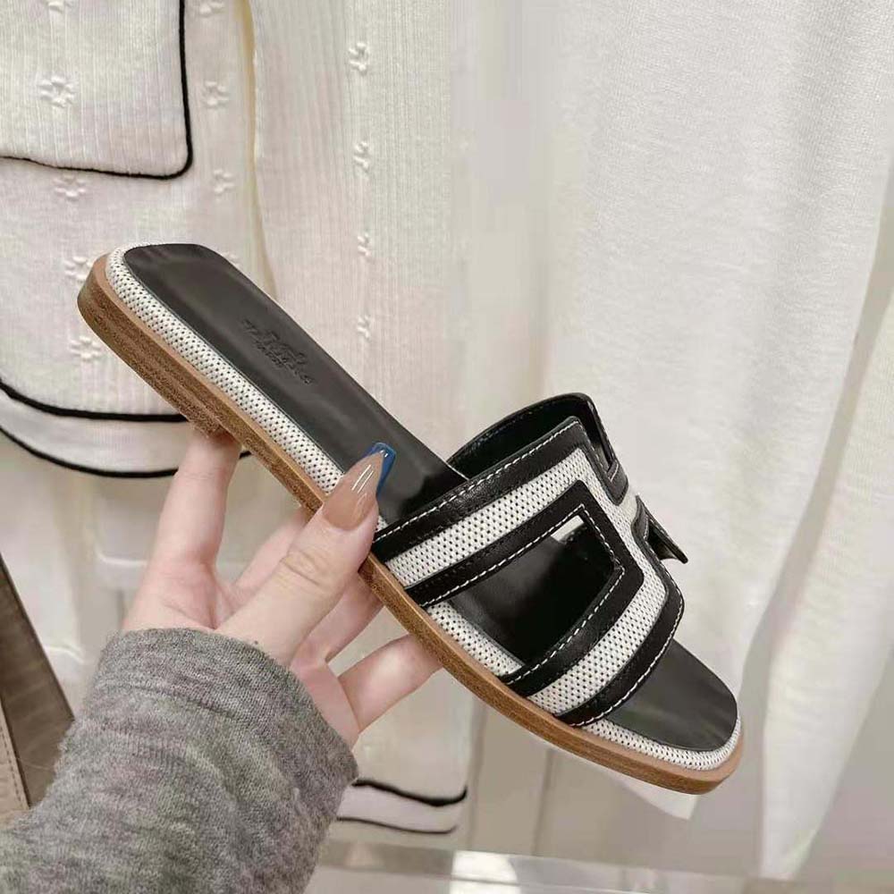 Hermes Women Oran Sandal in Calfskin and H Canvas with Iconic H Cut-Out-Black