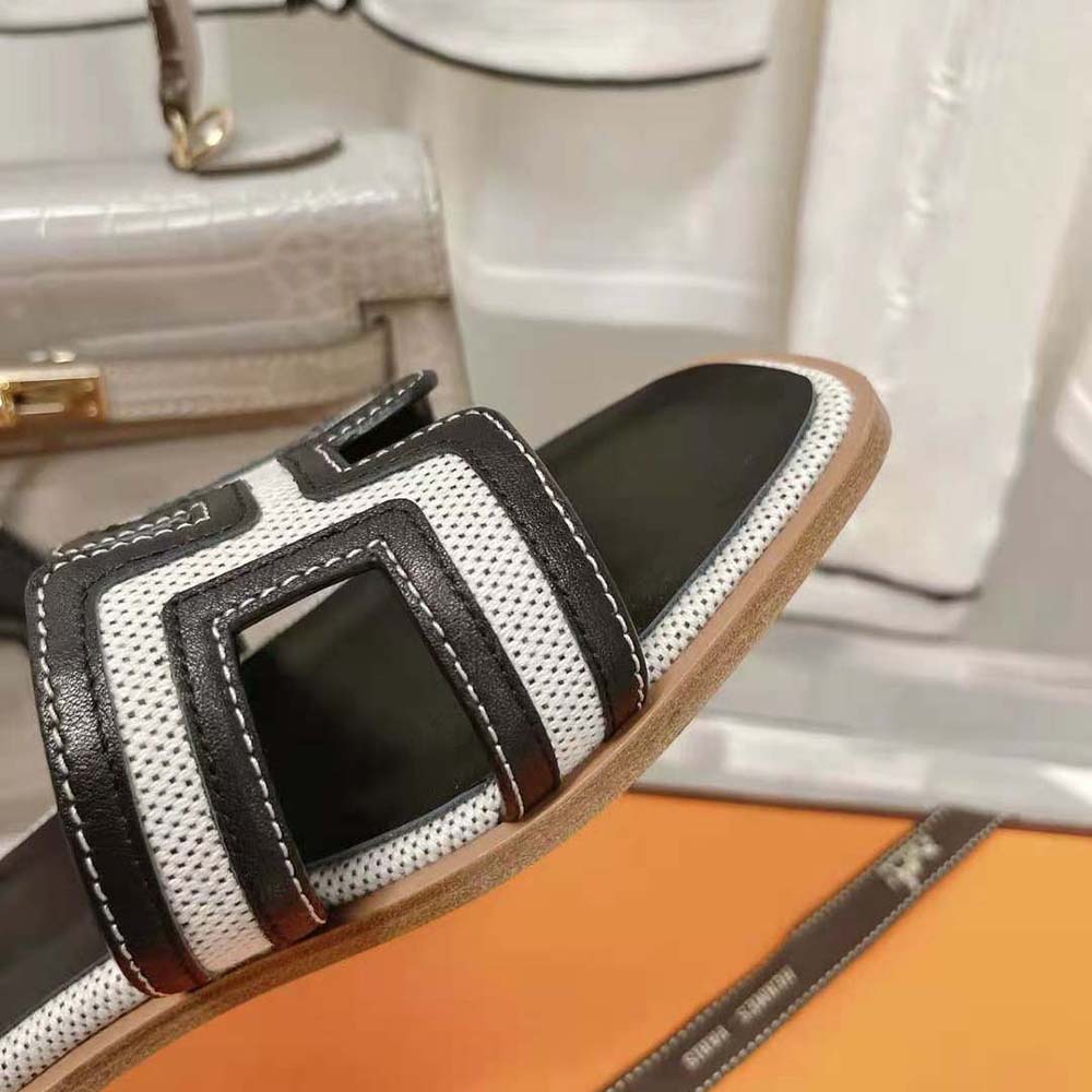 Hermes Women Oran Sandal in Calfskin and H Canvas with Iconic H Cut-Out-Black
