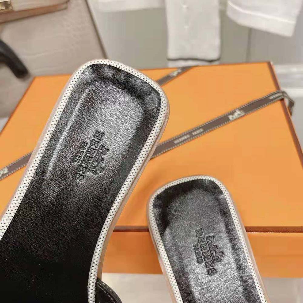 Hermes Women Oran Sandal in Calfskin and H Canvas with Iconic H Cut-Out-Black