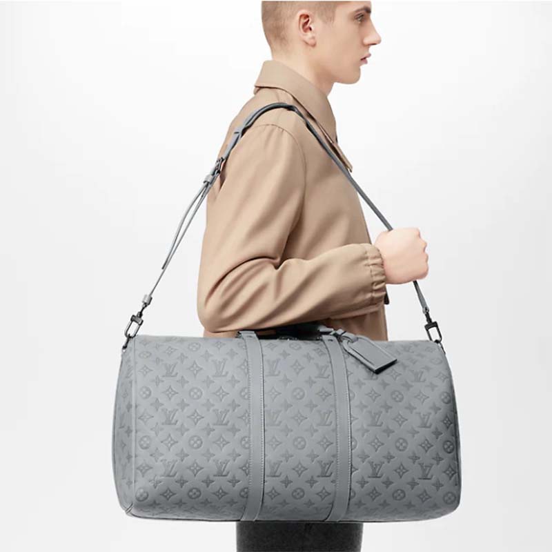Louis Vuitton LV Unisex Keepall 50B Anthracite Gray Monogram Shadow Calf Leather