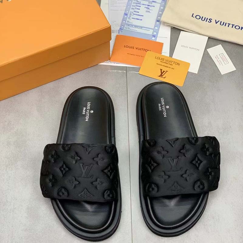 Louis Vuitton LV Unisex Pool Pillow Flat Comfort Mule Black Monogram